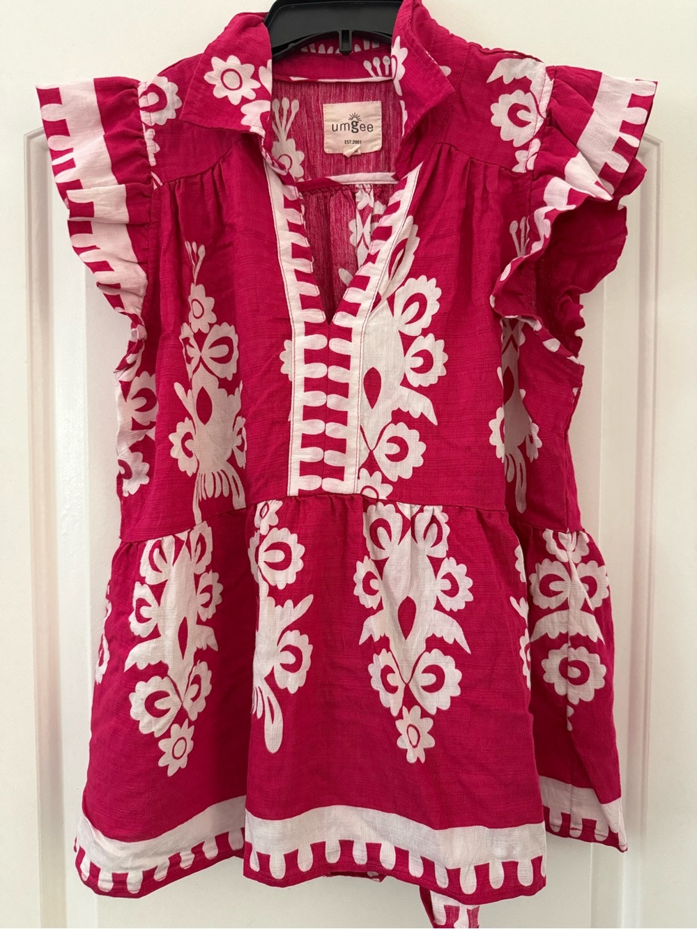 Umgee Fuchsia & White Embroidered Ruffle Blouse